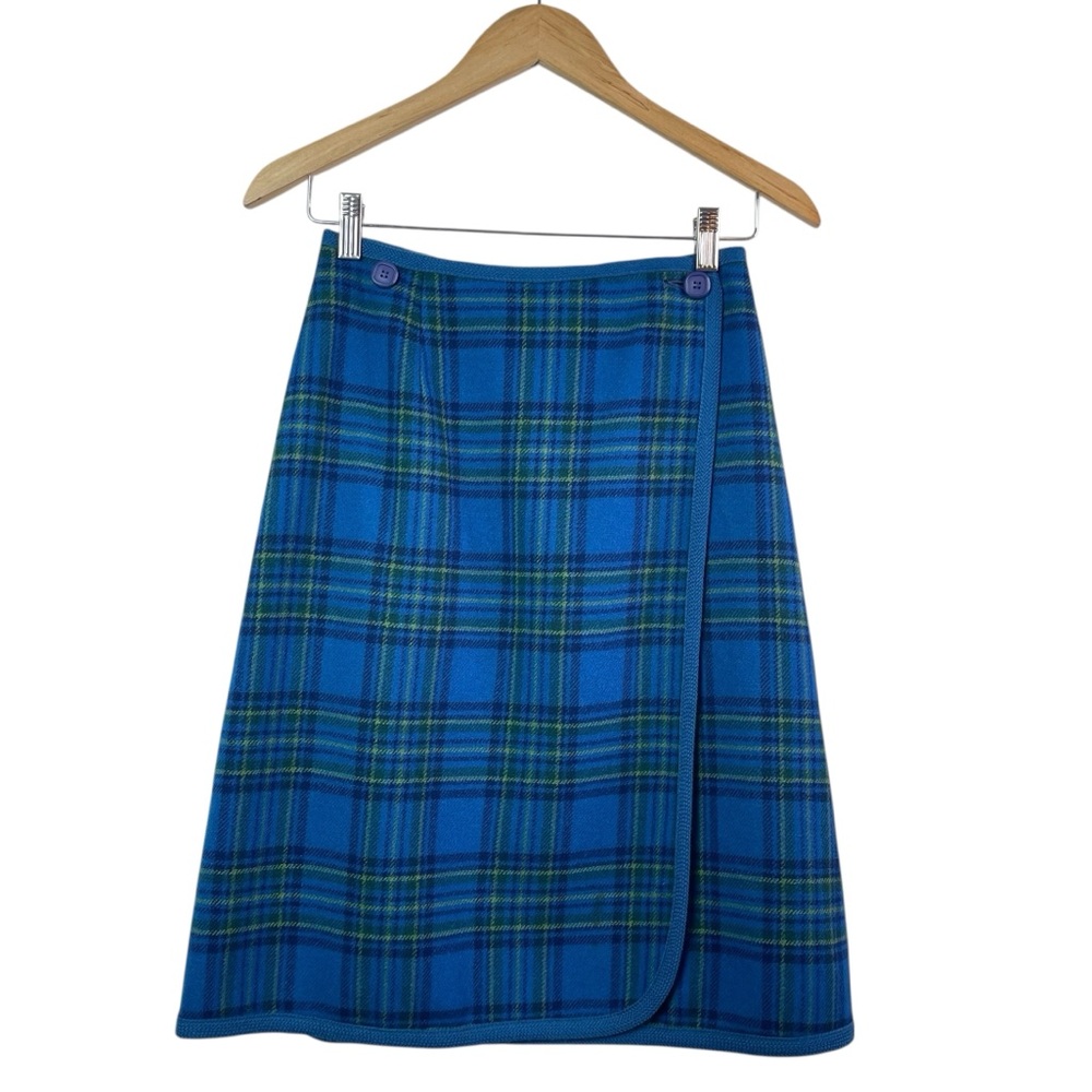 Vintage Pendleton Women’s 1960’s Wrap Plaid Virgin Wool Skirt Blue Green Size 12